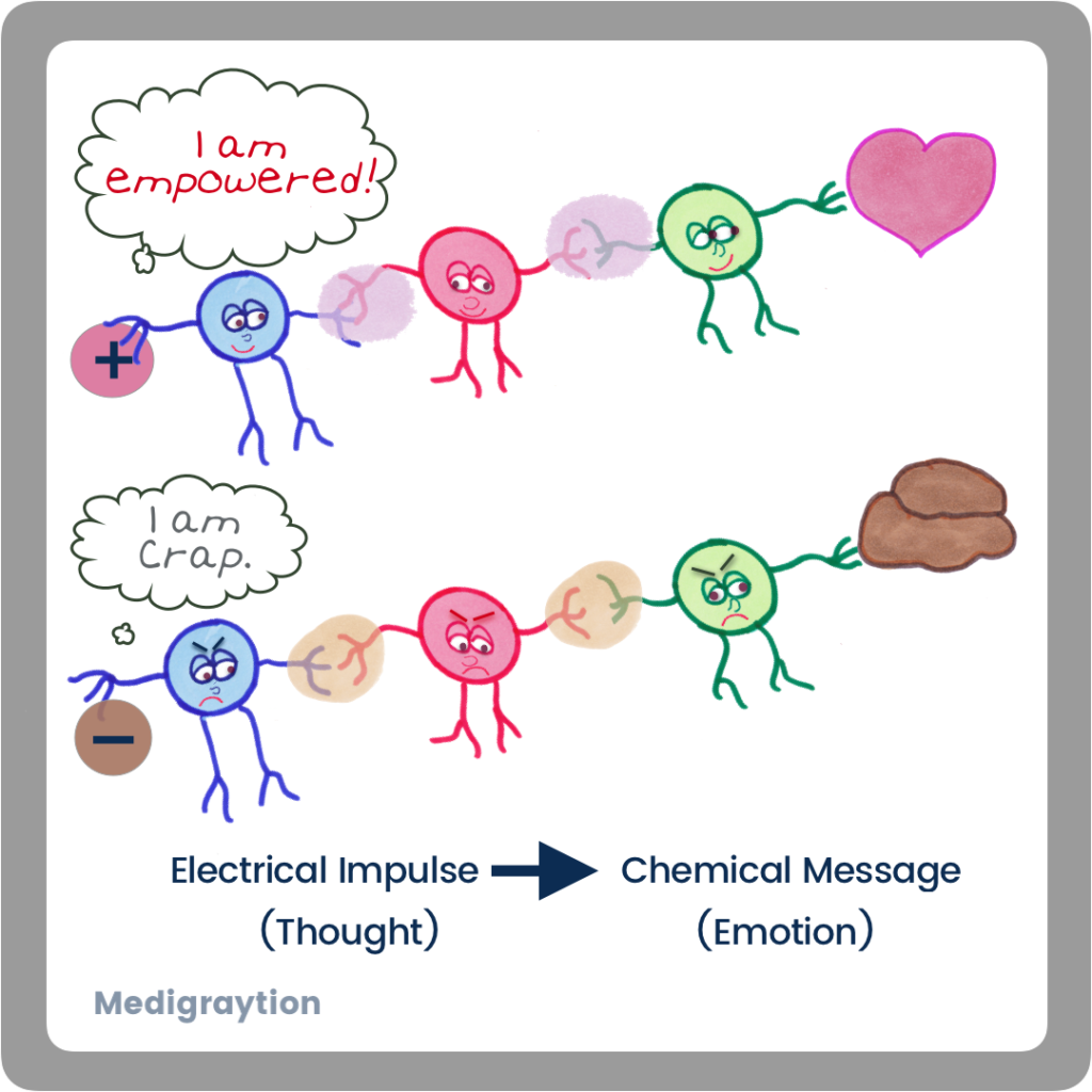 Thoughts as electrical impulses transformed into chemical messages of emotion.